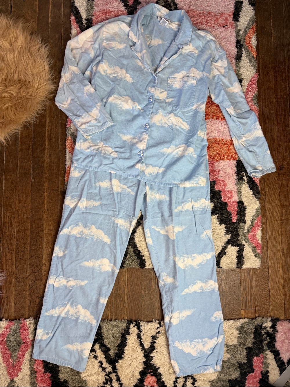 FRENCH JENNY Cloud Print Button-Down Vintage Flannel Pajamas Set Size Medium